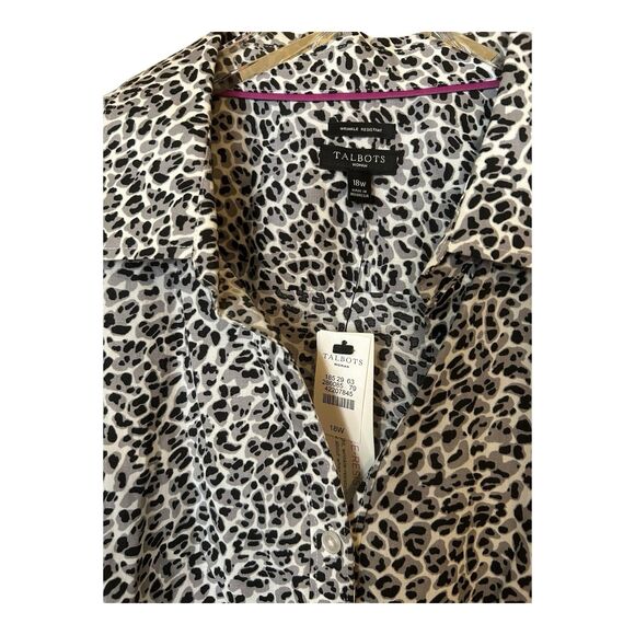 Talbots Animal Print Cuffed SS Button Down Shirt NWT Sz 18W Crisp Cotton - Picture 3 of 4